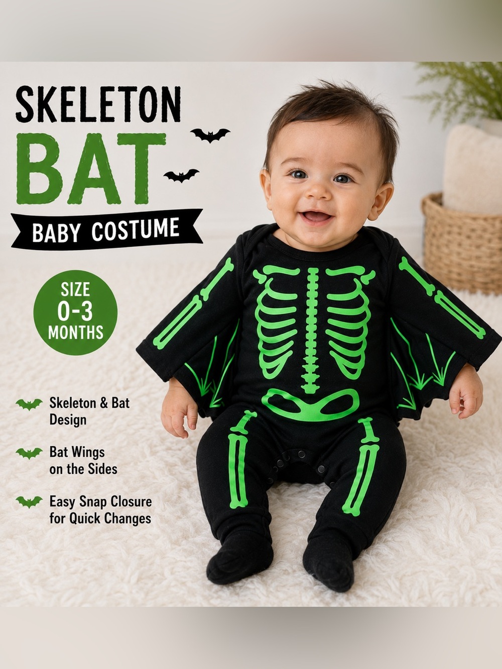 Baby Skeleton Bat Costume Black Green 0-3 Months Halloween